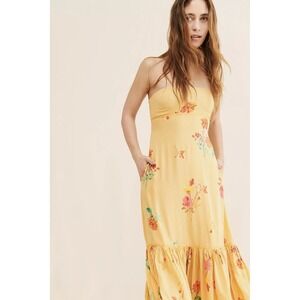 Free People Rosie Posie Med Midi Dress Pockets Yellow Floral Pinstripe Strapless